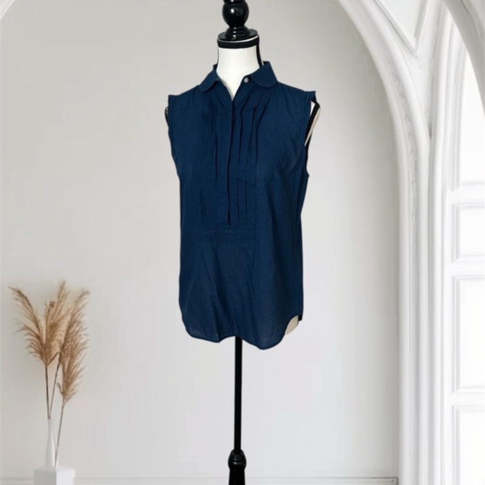 Ann Taylor LOFT Sleeveless Blue Ruffle Front Button up Blouse Top XS